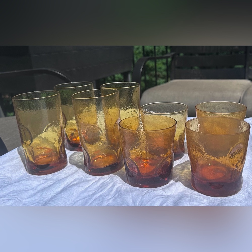 Set of 8 Amber Textured Glass Tumblers Imitation Blenko Dimple Glasses
